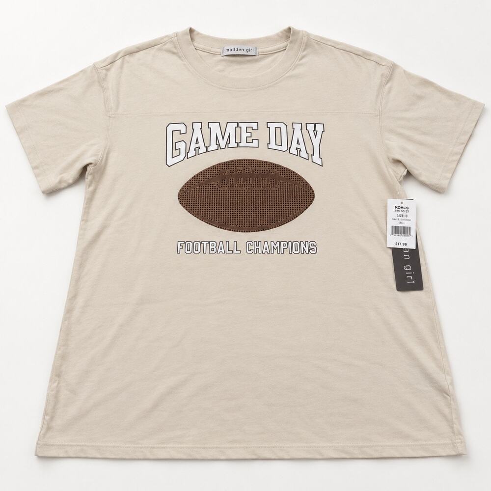 Madden Girl Game Day Football Rhinestone Graphic Tee Tan L NWT Sparkle & Shine
